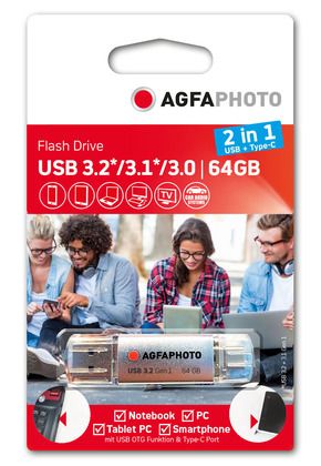 AgfaPhoto USB-Stick 64GB, USB 3.0 2in1 (USB+Type-C) silber (15/45MBs)